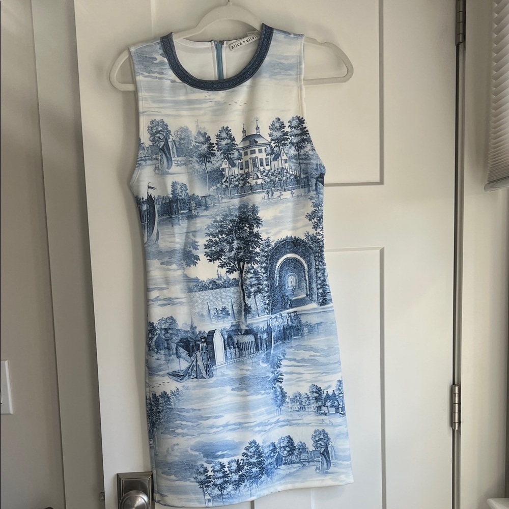 Alice + Olivia Blue and White Scenic Mini Dress